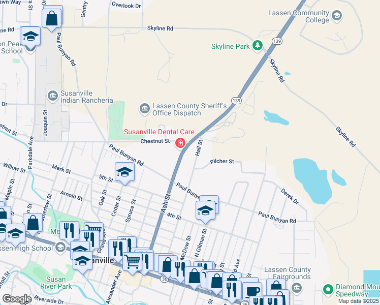 map of restaurants, bars, coffee shops, grocery stores, and more near in Susanville