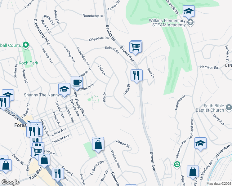 map of restaurants, bars, coffee shops, grocery stores, and more near 983 Elizabeth Street in Pittsburgh