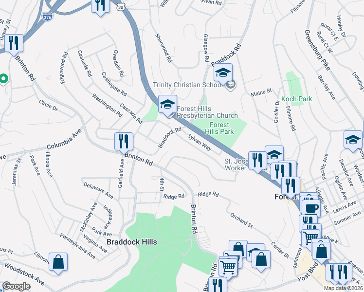 map of restaurants, bars, coffee shops, grocery stores, and more near 610 Cascade Road in Pittsburgh