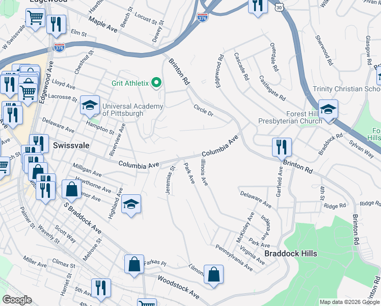 map of restaurants, bars, coffee shops, grocery stores, and more near 2743 Columbia Avenue in Pittsburgh