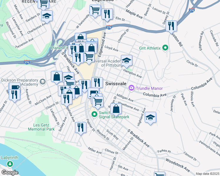 map of restaurants, bars, coffee shops, grocery stores, and more near 7718 Francis Street in Swissvale