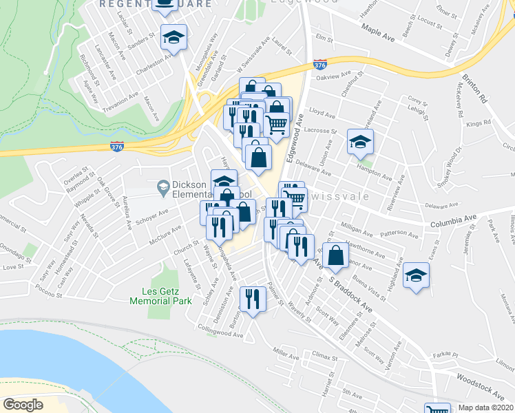 map of restaurants, bars, coffee shops, grocery stores, and more near 1816 South Braddock Avenue in Swissvale