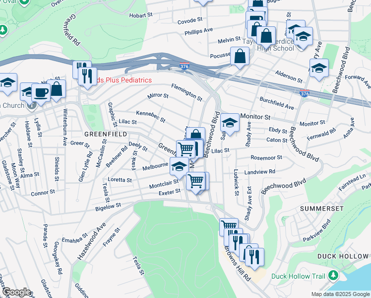 map of restaurants, bars, coffee shops, grocery stores, and more near 1009 Lilac Street in Pittsburgh