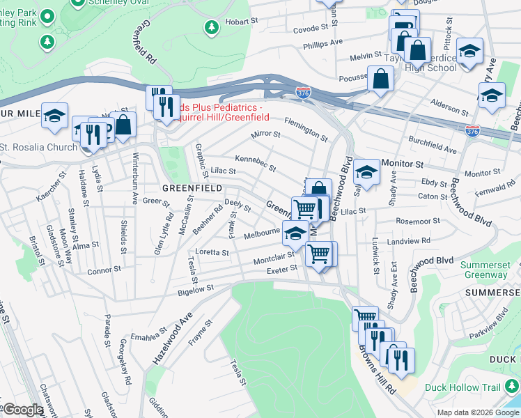 map of restaurants, bars, coffee shops, grocery stores, and more near 938 Greenfield Avenue in Pittsburgh