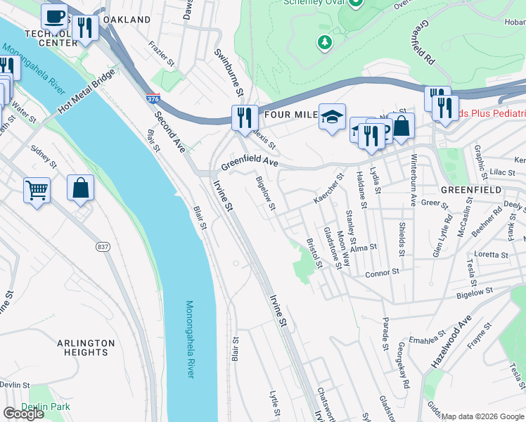 map of restaurants, bars, coffee shops, grocery stores, and more near 69 Bigelow Street in Pittsburgh