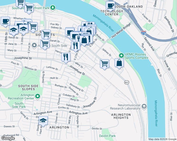 map of restaurants, bars, coffee shops, grocery stores, and more near 2930 Mary Jane Street in Pittsburgh
