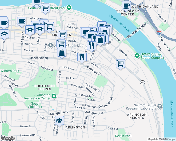 map of restaurants, bars, coffee shops, grocery stores, and more near 2717 Josephine Street in Pittsburgh