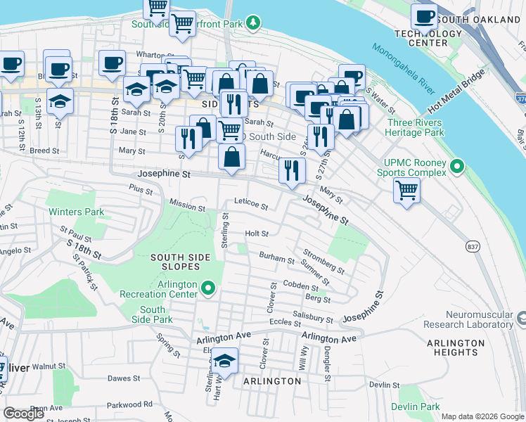 map of restaurants, bars, coffee shops, grocery stores, and more near 20 Kosciusko Way in Pittsburgh