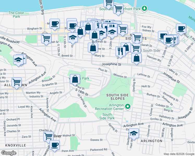 map of restaurants, bars, coffee shops, grocery stores, and more near 46 Magdalene Street in Pittsburgh