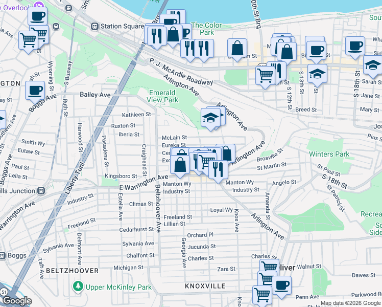 map of restaurants, bars, coffee shops, grocery stores, and more near 724 Eureka Street in Pittsburgh