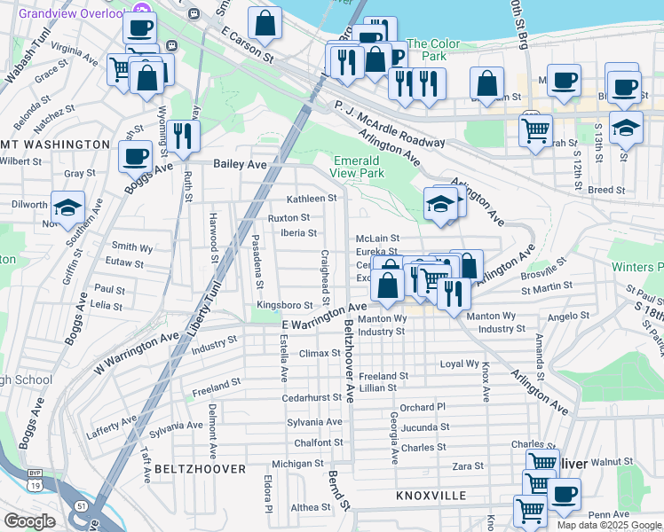 map of restaurants, bars, coffee shops, grocery stores, and more near 69 Aztec Way in Pittsburgh