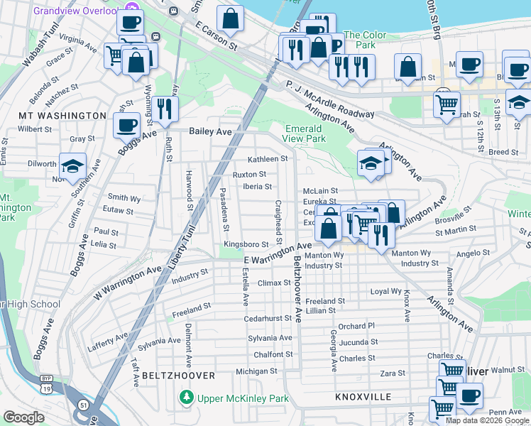 map of restaurants, bars, coffee shops, grocery stores, and more near 426 Eureka Street in Pittsburgh