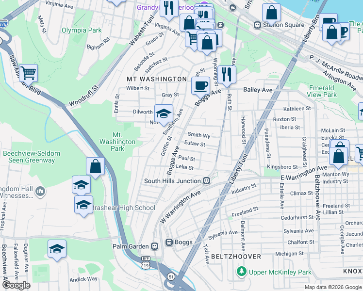 map of restaurants, bars, coffee shops, grocery stores, and more near 430 Boggs Avenue in Pittsburgh