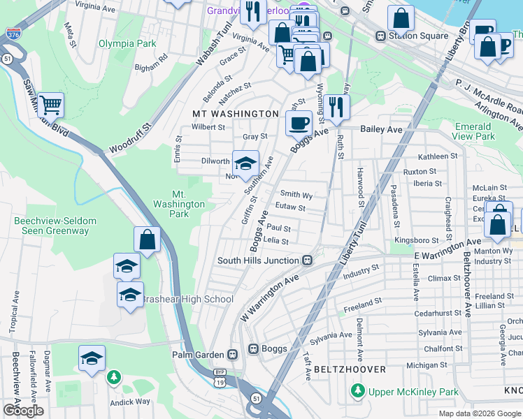 map of restaurants, bars, coffee shops, grocery stores, and more near 430 Boggs Avenue in Pittsburgh