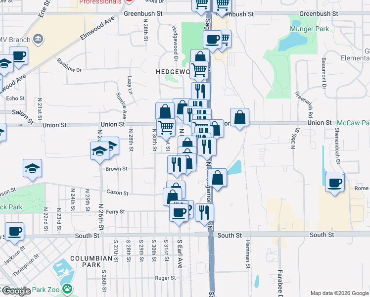 map of restaurants, bars, coffee shops, grocery stores, and more near 627 North Earl Avenue in Lafayette