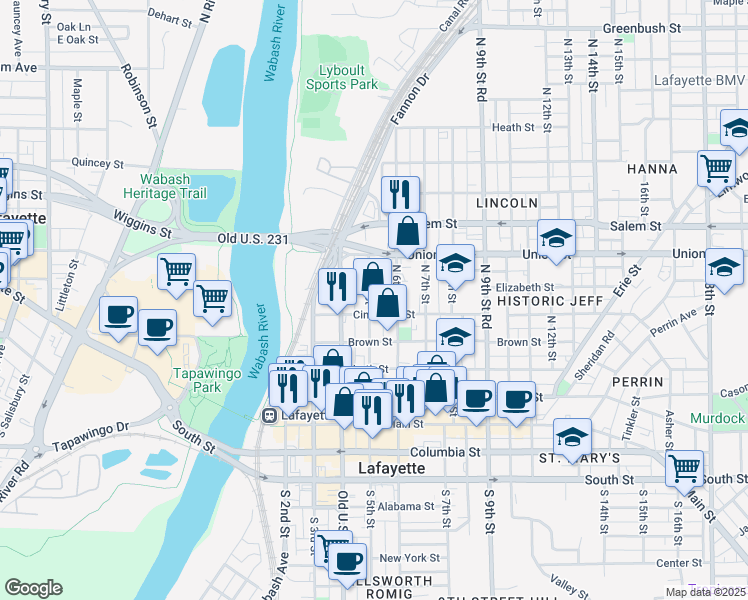 map of restaurants, bars, coffee shops, grocery stores, and more near 628 North 5th Street in Lafayette