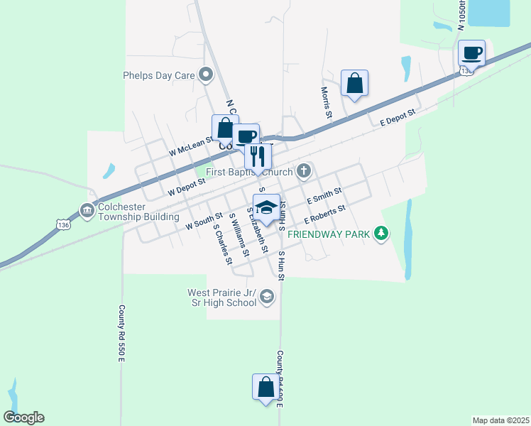 map of restaurants, bars, coffee shops, grocery stores, and more near 310 South Coal Street in Colchester