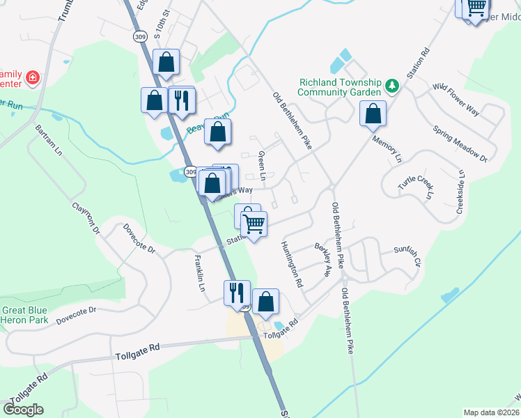 map of restaurants, bars, coffee shops, grocery stores, and more near 36 Mimosa Court in Quakertown