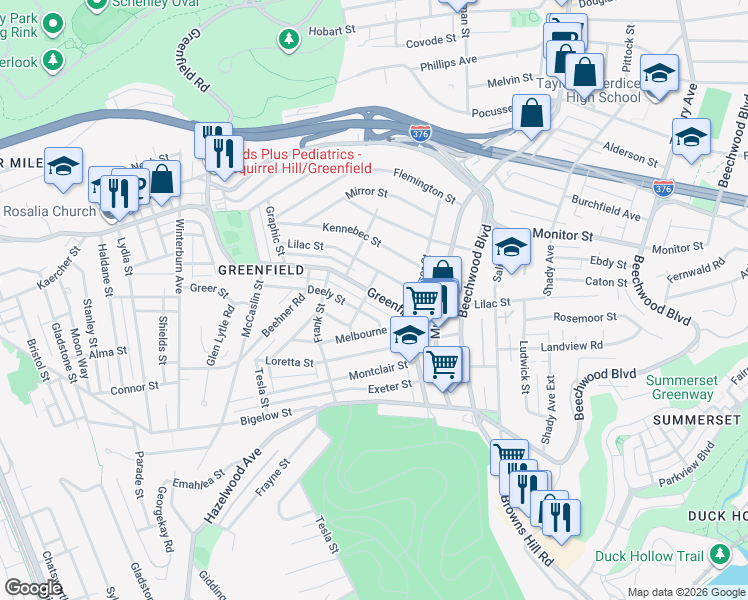 map of restaurants, bars, coffee shops, grocery stores, and more near 956 Greenfield Avenue in Pittsburgh