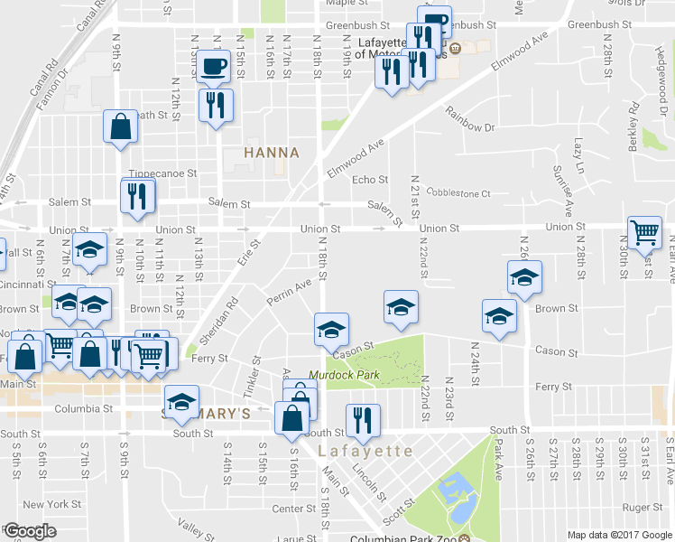 map of restaurants, bars, coffee shops, grocery stores, and more near 615 North 18th Street in Lafayette
