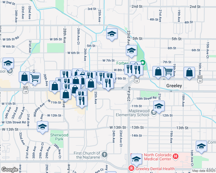 map of restaurants, bars, coffee shops, grocery stores, and more near 2415 West 10th Street in Greeley