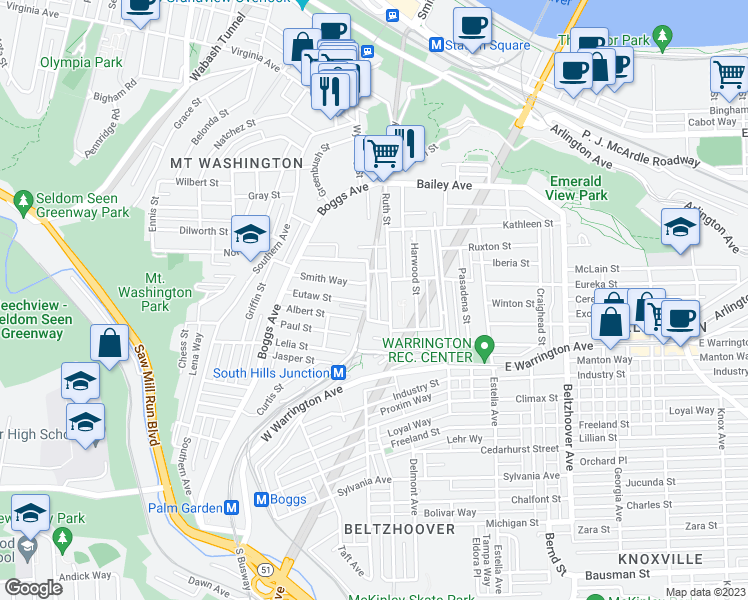 map of restaurants, bars, coffee shops, grocery stores, and more near 81 Larkfield Way in Pittsburgh