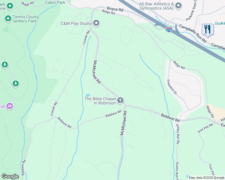 map of restaurants, bars, coffee shops, grocery stores, and more near 176 McMichael Road in Carnegie