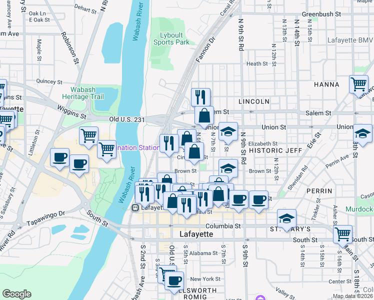 map of restaurants, bars, coffee shops, grocery stores, and more near 628 North 5th Street in Lafayette