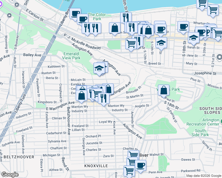 map of restaurants, bars, coffee shops, grocery stores, and more near 932 Eureka Street in Pittsburgh