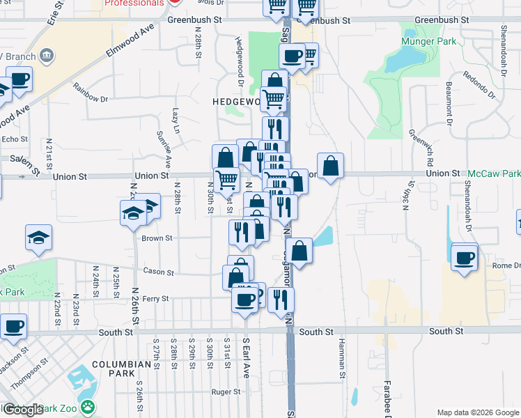 map of restaurants, bars, coffee shops, grocery stores, and more near 627 North Earl Avenue in Lafayette