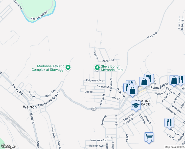 map of restaurants, bars, coffee shops, grocery stores, and more near 149 June Street in Weirton
