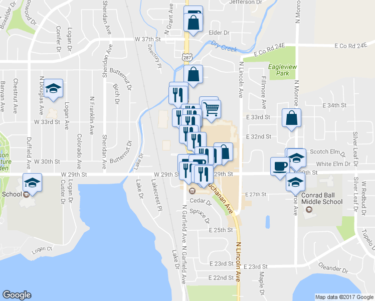 map of restaurants, bars, coffee shops, grocery stores, and more near 3021 Garfield Avenue in Loveland