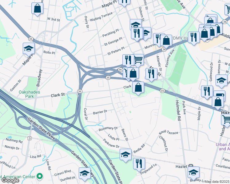 map of restaurants, bars, coffee shops, grocery stores, and more near 37 Village Green Way in Hazlet