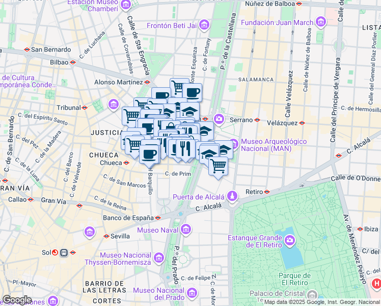 map of restaurants, bars, coffee shops, grocery stores, and more near 14 Calle de Bárbara de Braganza in Madrid