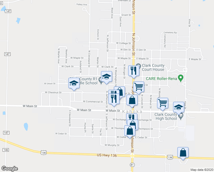 map of restaurants, bars, coffee shops, grocery stores, and more near 384 North Jefferson Street in Kahoka
