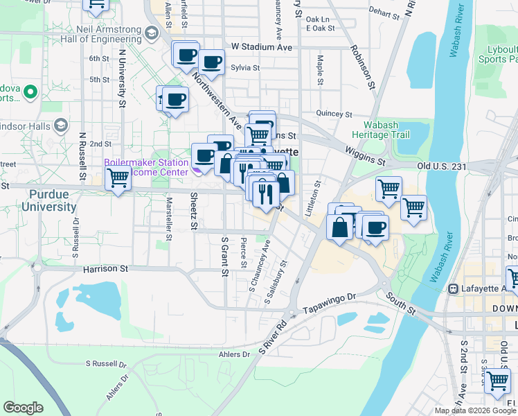 map of restaurants, bars, coffee shops, grocery stores, and more near 323 West State Street in West Lafayette