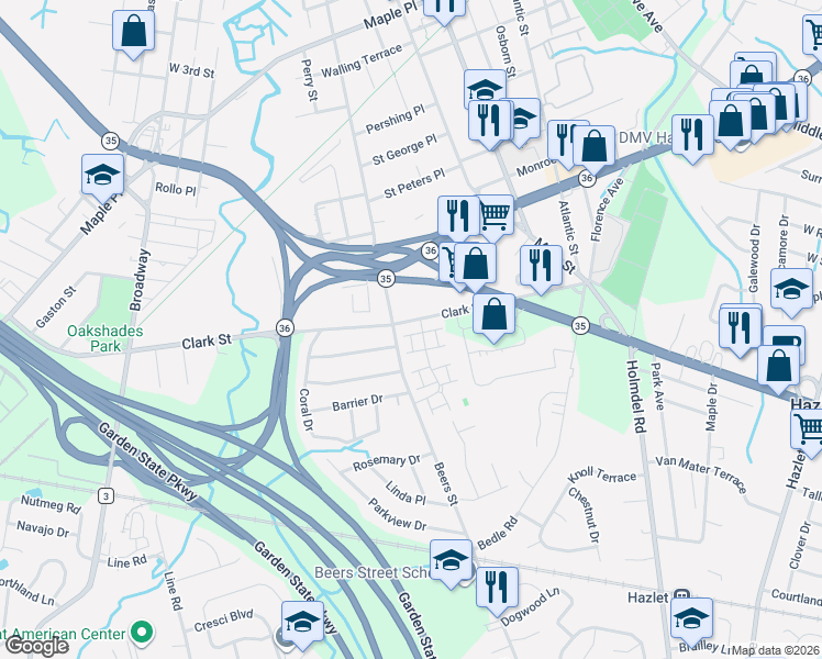 map of restaurants, bars, coffee shops, grocery stores, and more near 37 Village Green Way in Hazlet