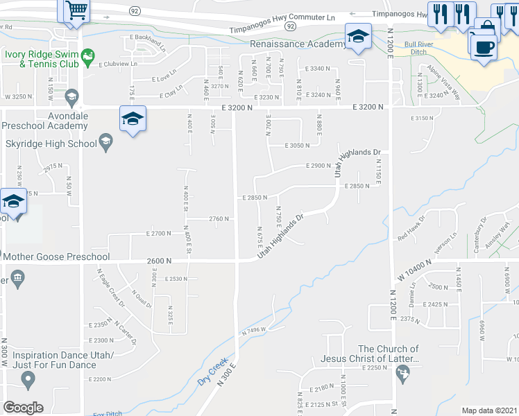map of restaurants, bars, coffee shops, grocery stores, and more near 2819 North 675 East in Lehi