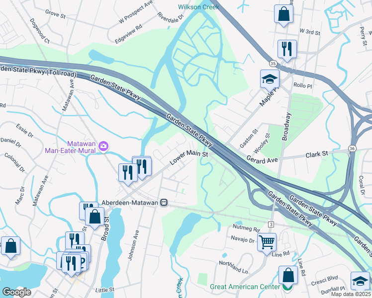 map of restaurants, bars, coffee shops, grocery stores, and more near 140 Lower Main Street in Matawan