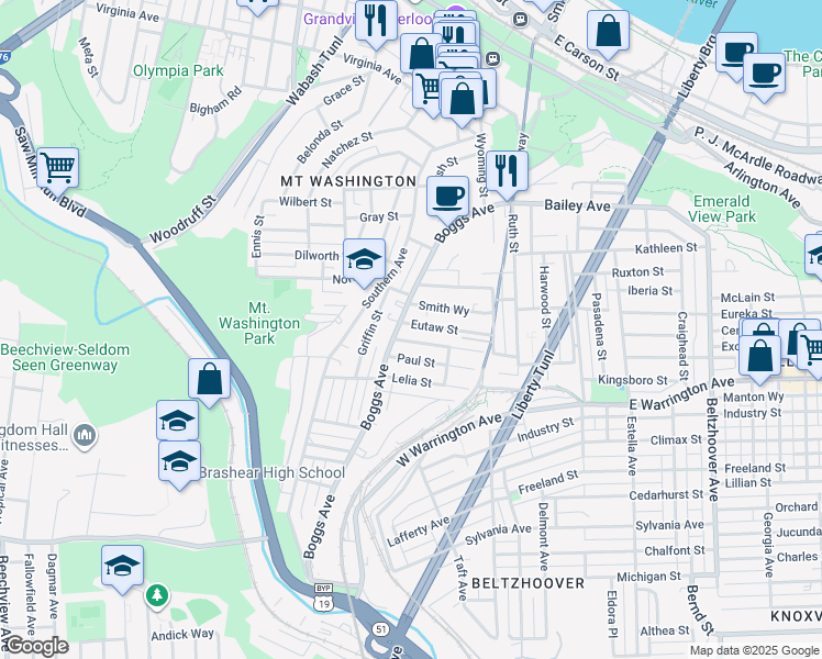 map of restaurants, bars, coffee shops, grocery stores, and more near 225 Eutaw Street in Pittsburgh