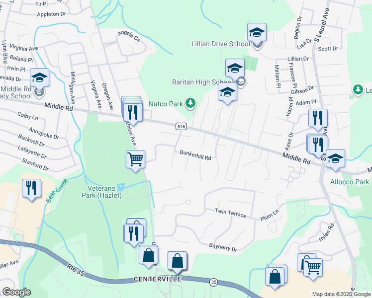 map of restaurants, bars, coffee shops, grocery stores, and more near 18 Bunkerhill Road in Hazlet