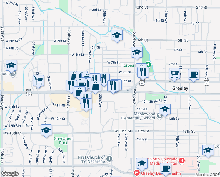 map of restaurants, bars, coffee shops, grocery stores, and more near 2415 West 10th Street in Greeley