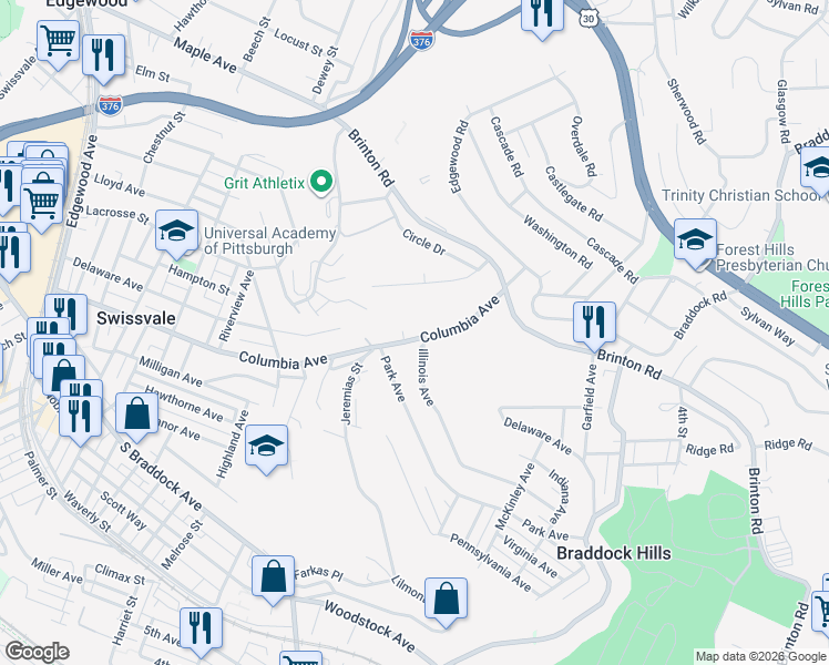 map of restaurants, bars, coffee shops, grocery stores, and more near 2757 Columbia Avenue in Pittsburgh