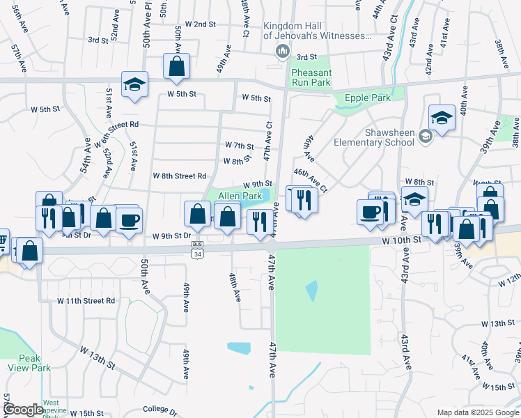 map of restaurants, bars, coffee shops, grocery stores, and more near 4713 9th Street Road in Greeley