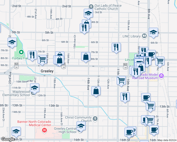 map of restaurants, bars, coffee shops, grocery stores, and more near 914 14th Ave in Greeley