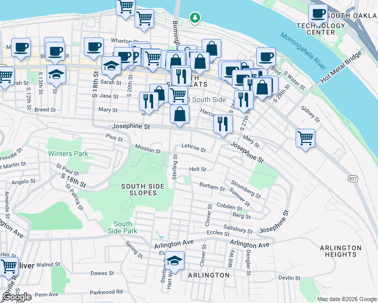 map of restaurants, bars, coffee shops, grocery stores, and more near 2400 Leticoe Street in Pittsburgh