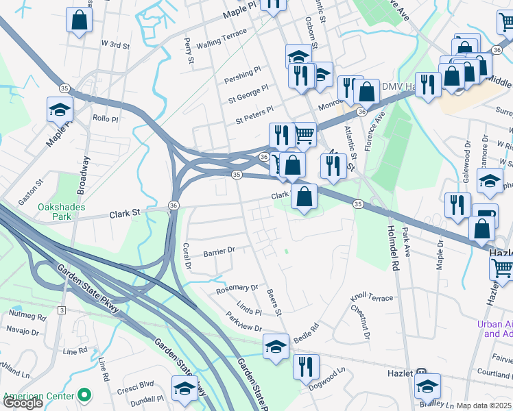 map of restaurants, bars, coffee shops, grocery stores, and more near 37 Village Green Way in Middletown Township