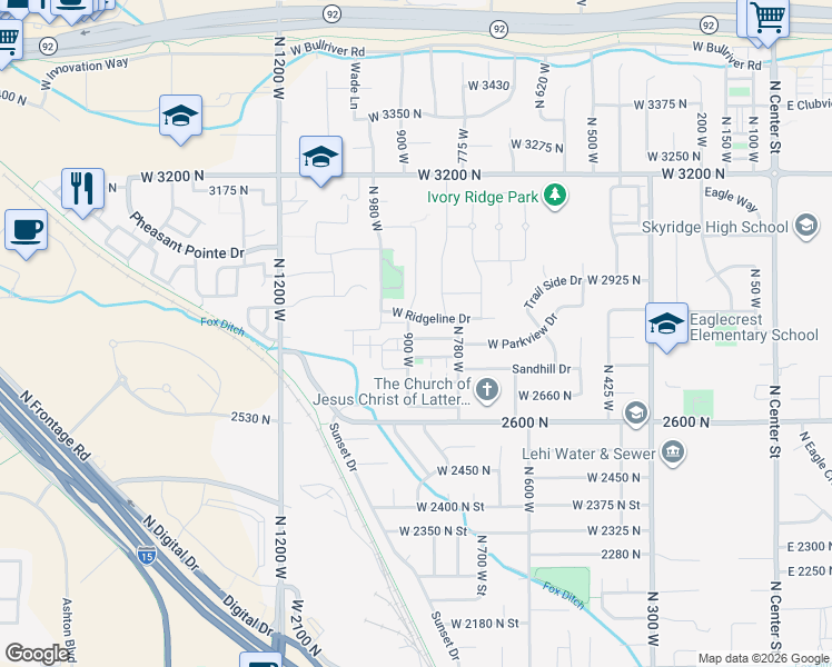map of restaurants, bars, coffee shops, grocery stores, and more near 913 2840 North in Lehi