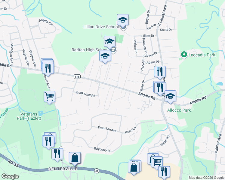 map of restaurants, bars, coffee shops, grocery stores, and more near 5 Shorehaven Trailer Park in Hazlet