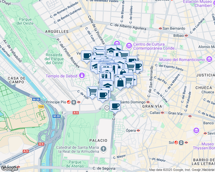map of restaurants, bars, coffee shops, grocery stores, and more near 360 Plaza de España in Madrid